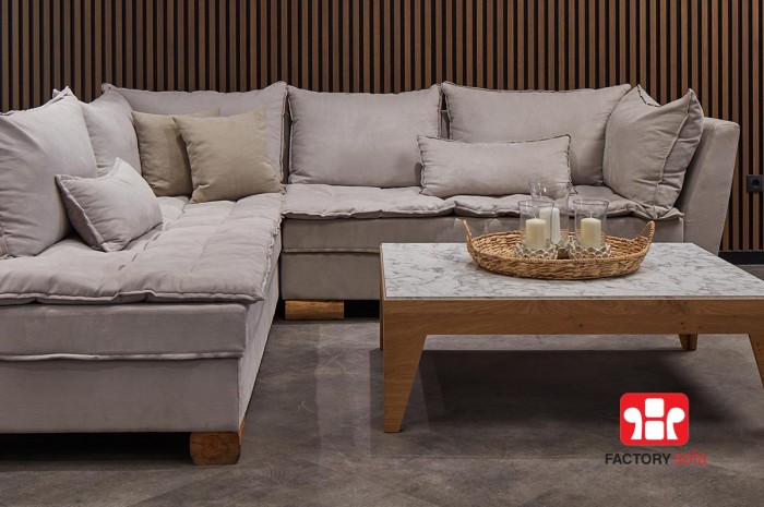 Skiathos Corner Sofa • Dimension 3.00m X 2.50m • Waterproof Fabric • Natural wood legs •  The quilted cover is a gift!